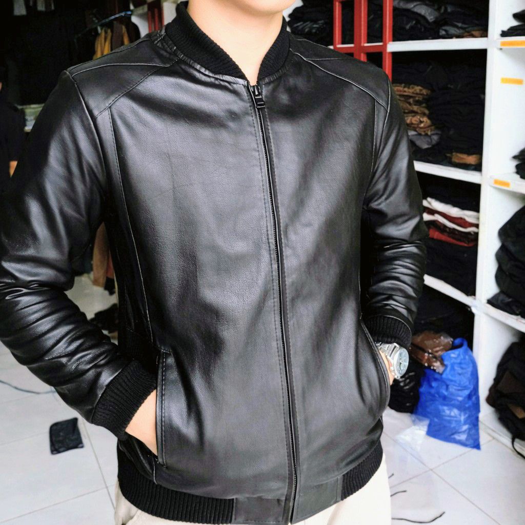 Jaket Kulit Asli Domba Pria - Bomber Leather Jacket Premium Garut Hitam Elegant