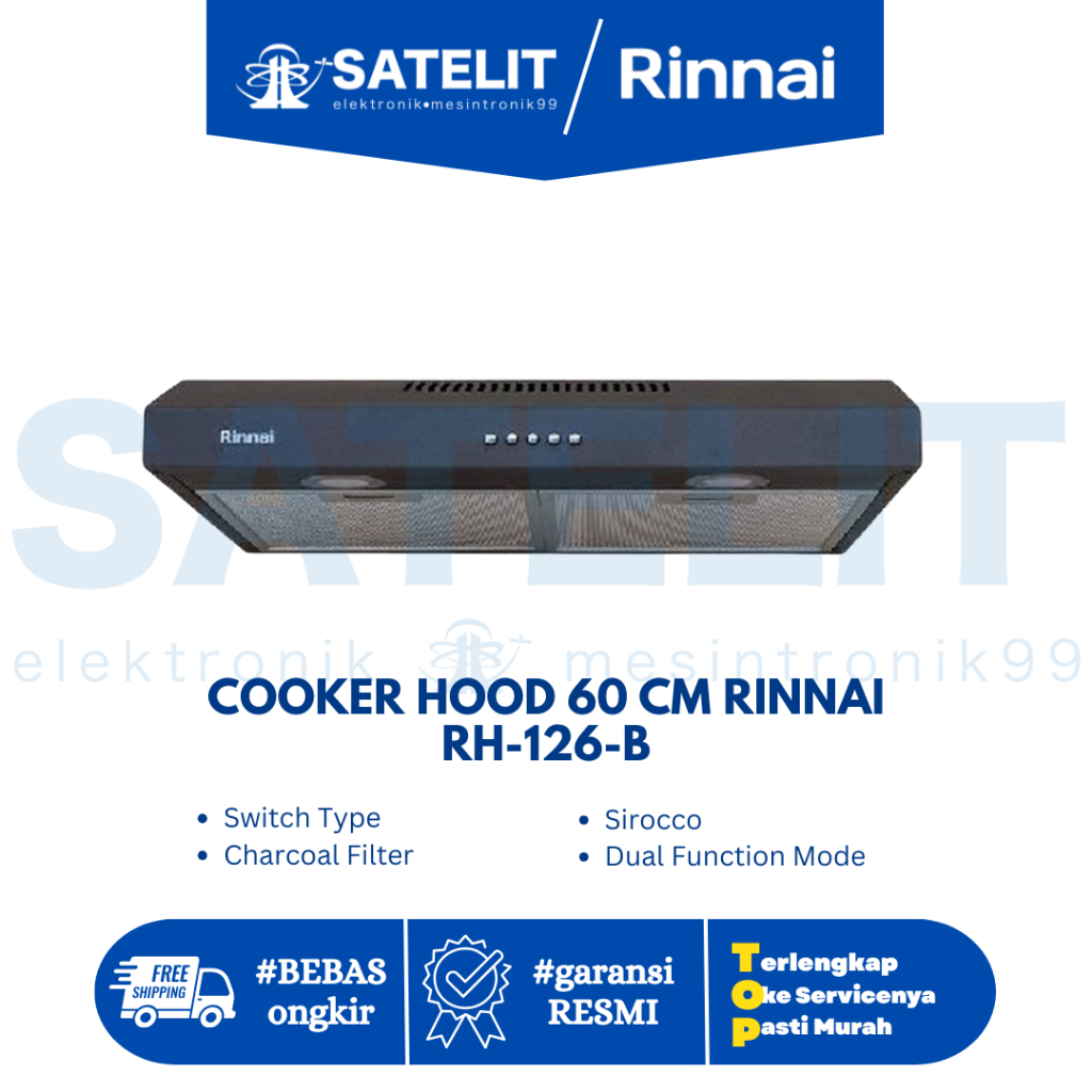 RINNAI Cooker Hood 60 Cm RH-126-B | Penghisap Asap Dapur | Sedot Kuat & Hemat Listrik