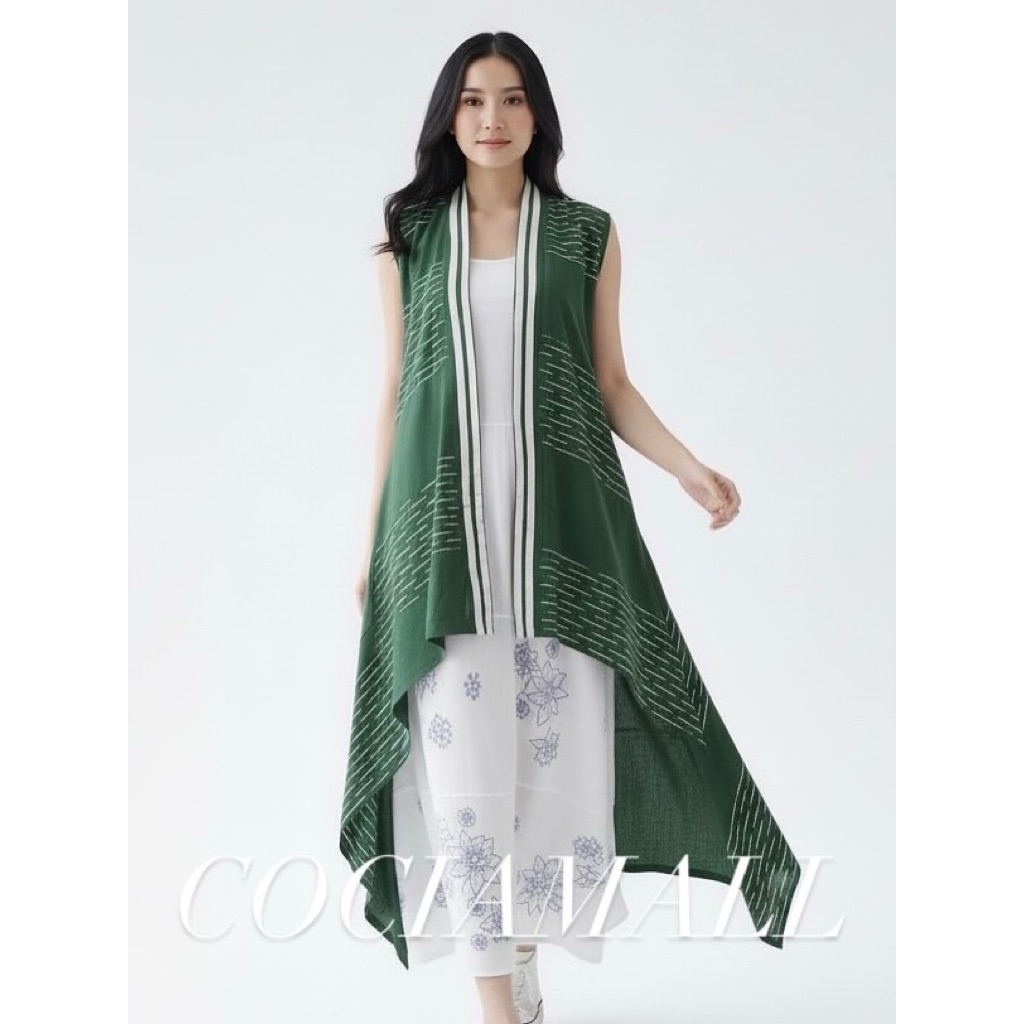 Long Outer Rompi Vest Wanita Kekinian Modern Hijau Botol Jumbo Ld 120 Panjang 130 cm Bahan Rayon Pre