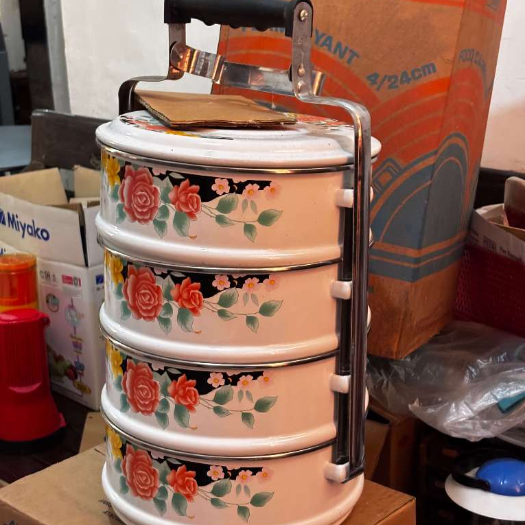 [SALE] Rantang Enamel Susun 4 Tingkat 24cm – Tempat Makan Vintage Motif Bunga | Rantang Ideal 4 Susu