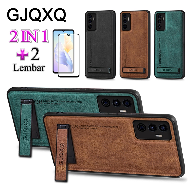 GJQXQ 2 In 1 Case For VIVO V23E Casing Ponsel Kulit Premium Dengan Tipis Logam Stand Holder Dan Anti