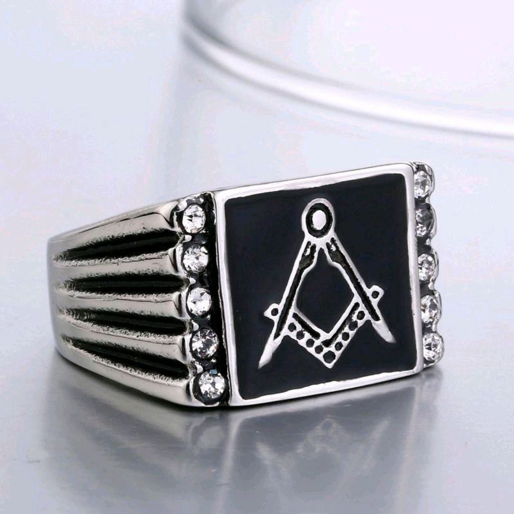 Cincin Simbol Masonic Beier Stainless Steel - Men's Vintage Masonic CZ Signet Ring Stainless Steel S