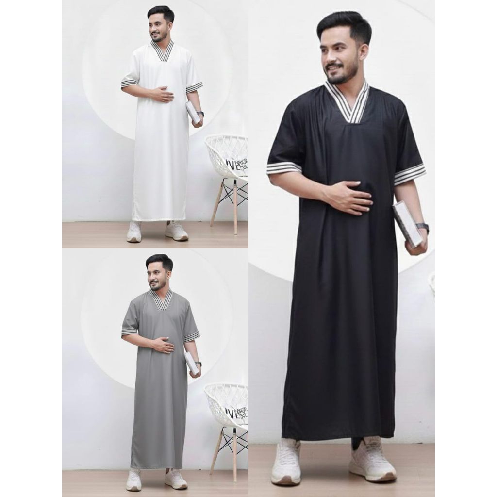 Jubah Pria Premium Gamis Pria Dewasa Modern Gamis Luaran Kaos Kerah V Jubah Arab Lengan Pendek