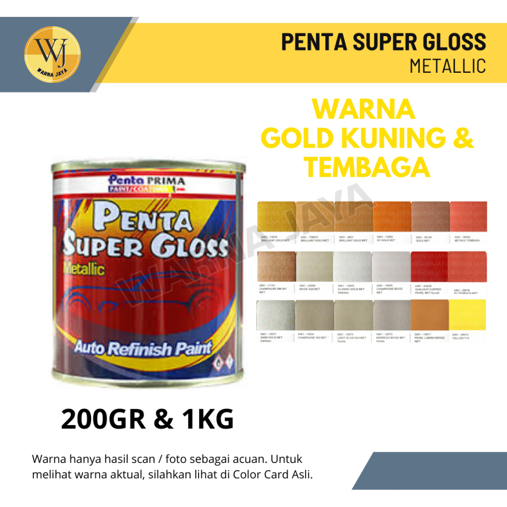 Cat Penta Super Gloss NC Metallic 200 Gram, 1 Kg Warna Gold / Emas, Yellow / Kuning, Copper / Tembag