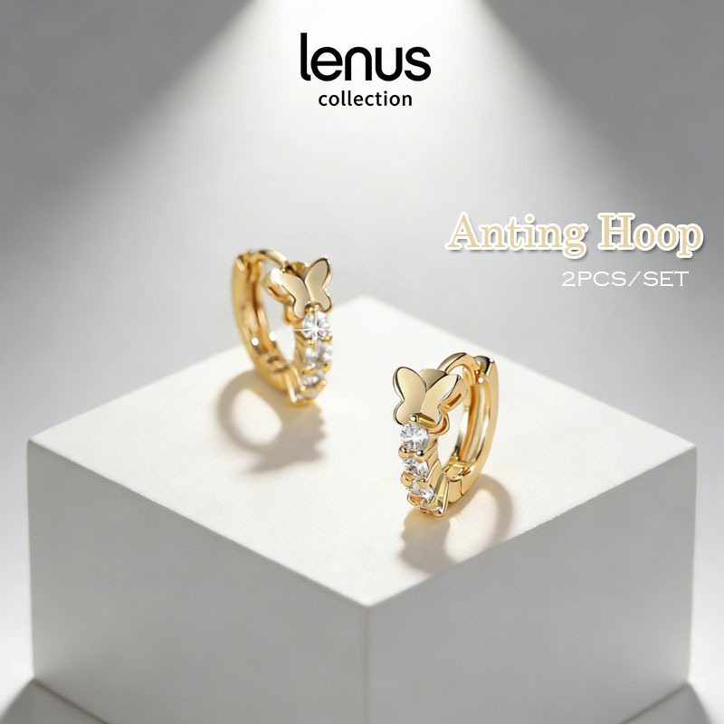 Anting Hoop Titanium Korea Panjang Anting Kupu Kupu Anti Karat Lapis Emas Anting Wanita