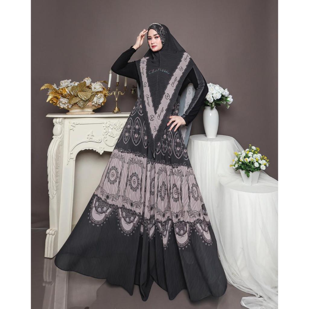 Gamis Syari Motif Printing Set Khimar Ceruty Premium Busui Wudhu Friendly Shanum