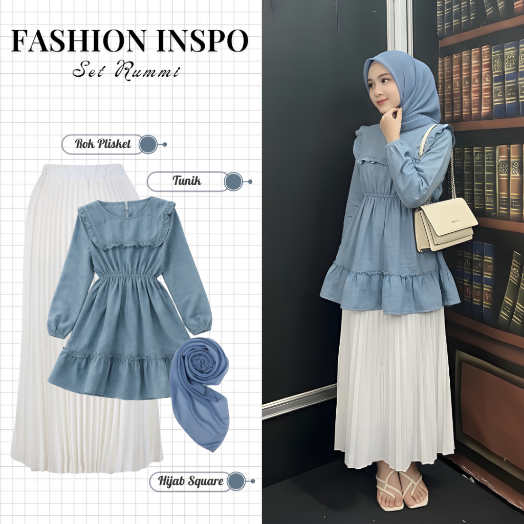 Setelan Lebaran Wanita 3in1 | Tunik Denim + Rok Plisket + Hijab | Outfit Bukber Elegan - IL04E