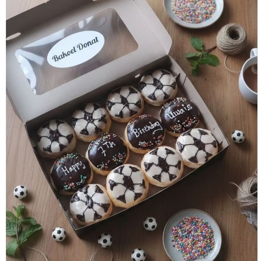 Donat ultah gambar bola/Donat karakter/Donat ultah anak laki/ Donat tulis/Donat hias