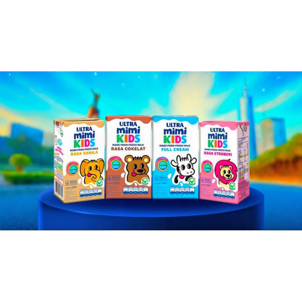 ULTRA MIMI KIDS 125ML DUS KARTON / SUSU ULTRA MIMI KIDS UHT 125 ML FULLCREAM COKLAT STROBERI VANILA 