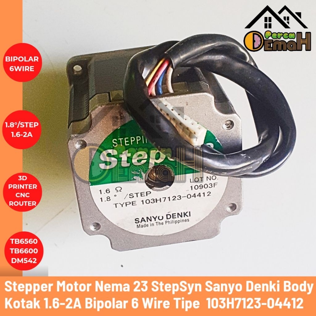 Stepper Motor Nema 23 StepSyn Sanyo Denki Bipolar 6 Kabel Body Kotak 1.6-2A 1.8°/step Tipe 103H7123 