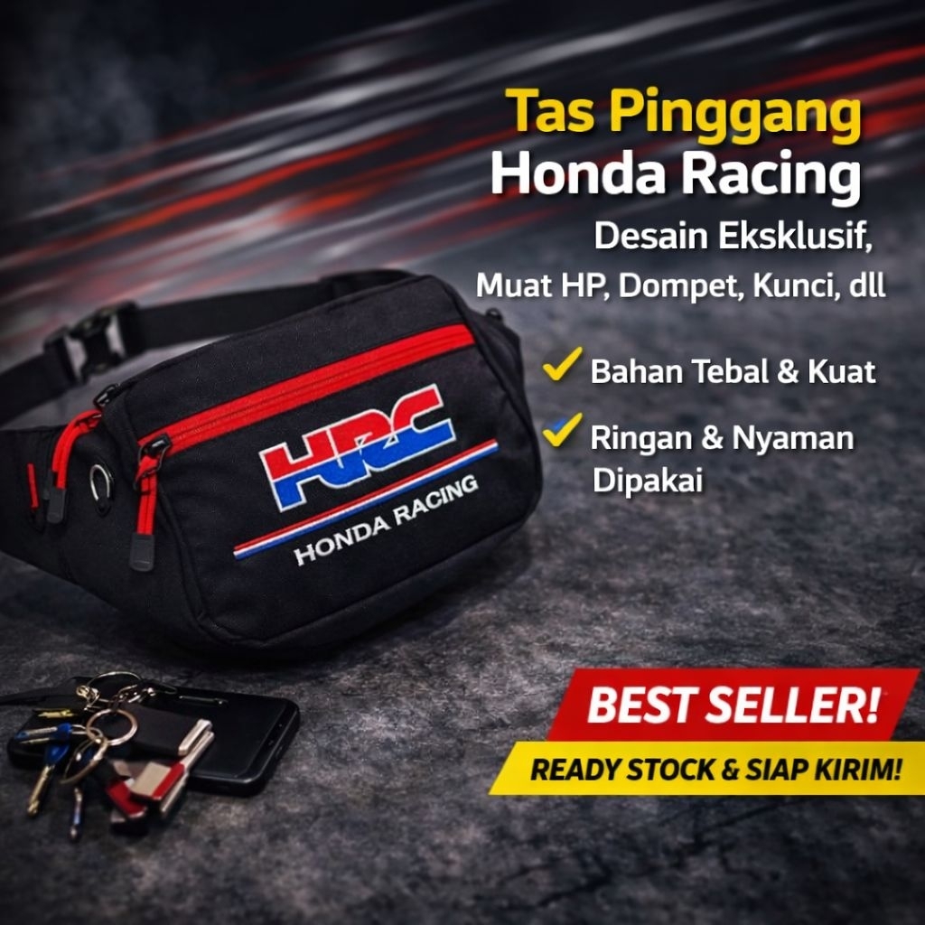 Tas Pinggang Honda Racing HRC Hitam – Muat HP Dompet, Nyaman Harian