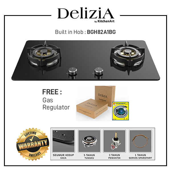 DELIZIA Kompor Tanam gas 2 tungku / Built in Gas Hob , 76cm - BGH82.A1BG + Free Regulator Gas