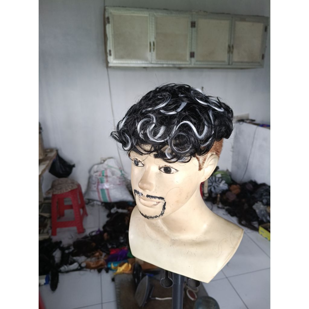 wig penutup botak pria keriting highlight putih