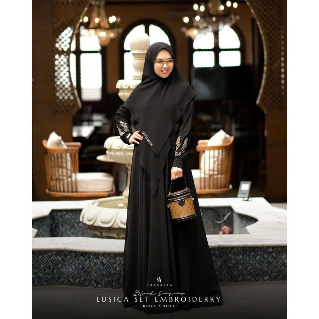 Lusica Set Black Series Embroiderry by Shararea - dress ceruty - gamis wanita model terbaru kekinian