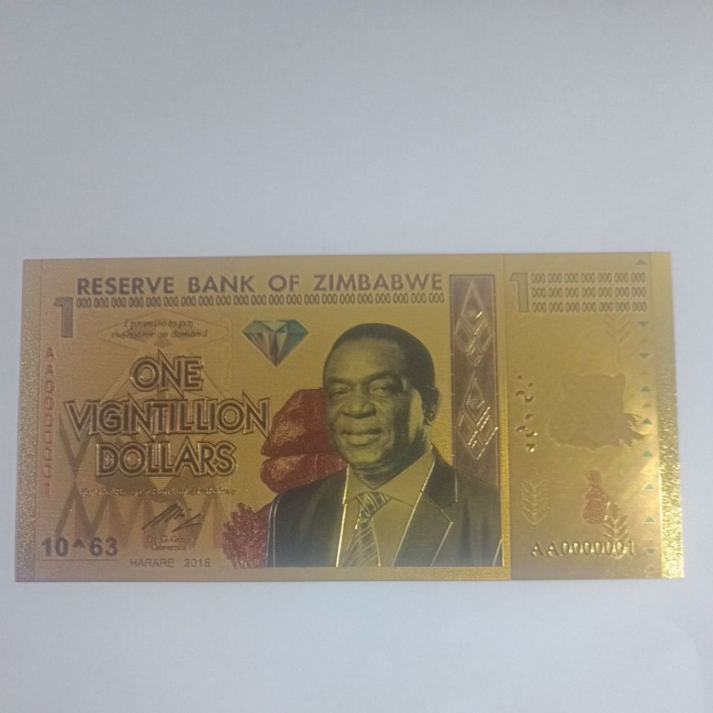Souvenir Uang Gold Foil Zimbabwe Pecahan Besar Lebih dari 100 Triliun Antik