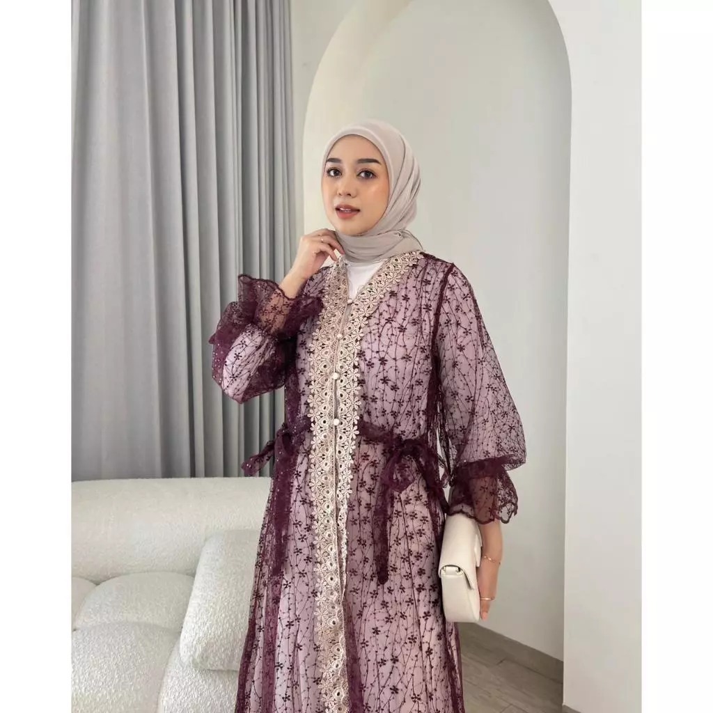 [Ready stock] Malika Outer Hijab Brokat Mewah Simple Elegant Cardigan Muslim Panjang Wanita Motif Br