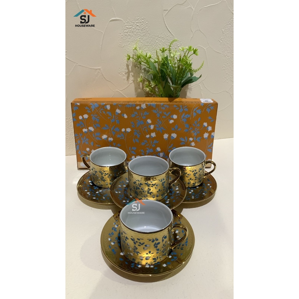 TEA SET NAKAMI E224-BLUE  8 PCS 4+4 (CANGKIR, LEPEK) 200ML BAHAN KERAMIK  DESAIN ELEGANT