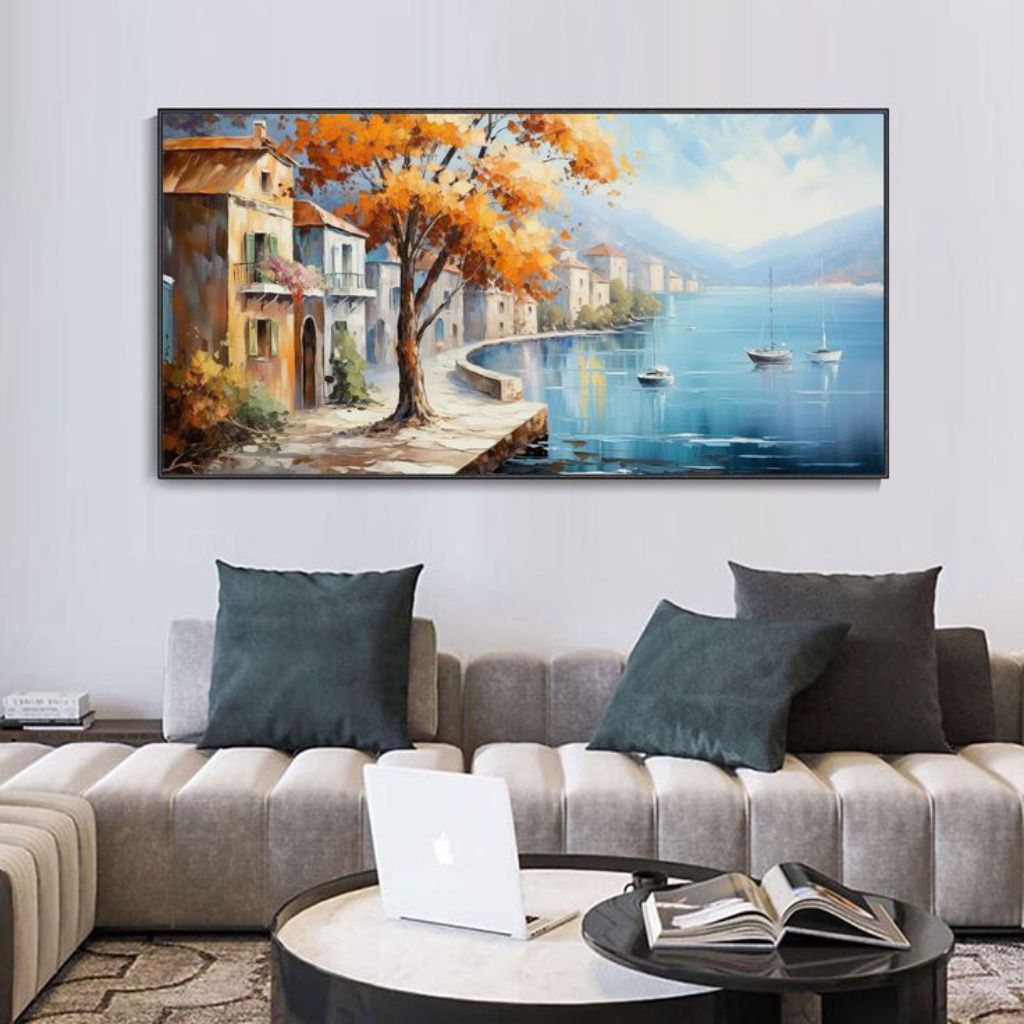 Lukisan pemandangan sungai eropa, Pajangan dinding, dekorasi rumah minimalis modern