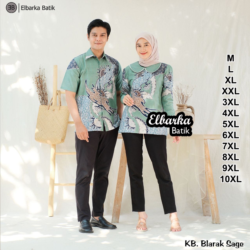 Elbarka Batik - Couple Atasan Batik Pria Wanita Jumbo - Kemeja Lengan Pendek - Blus Kerah Daun Bigsi