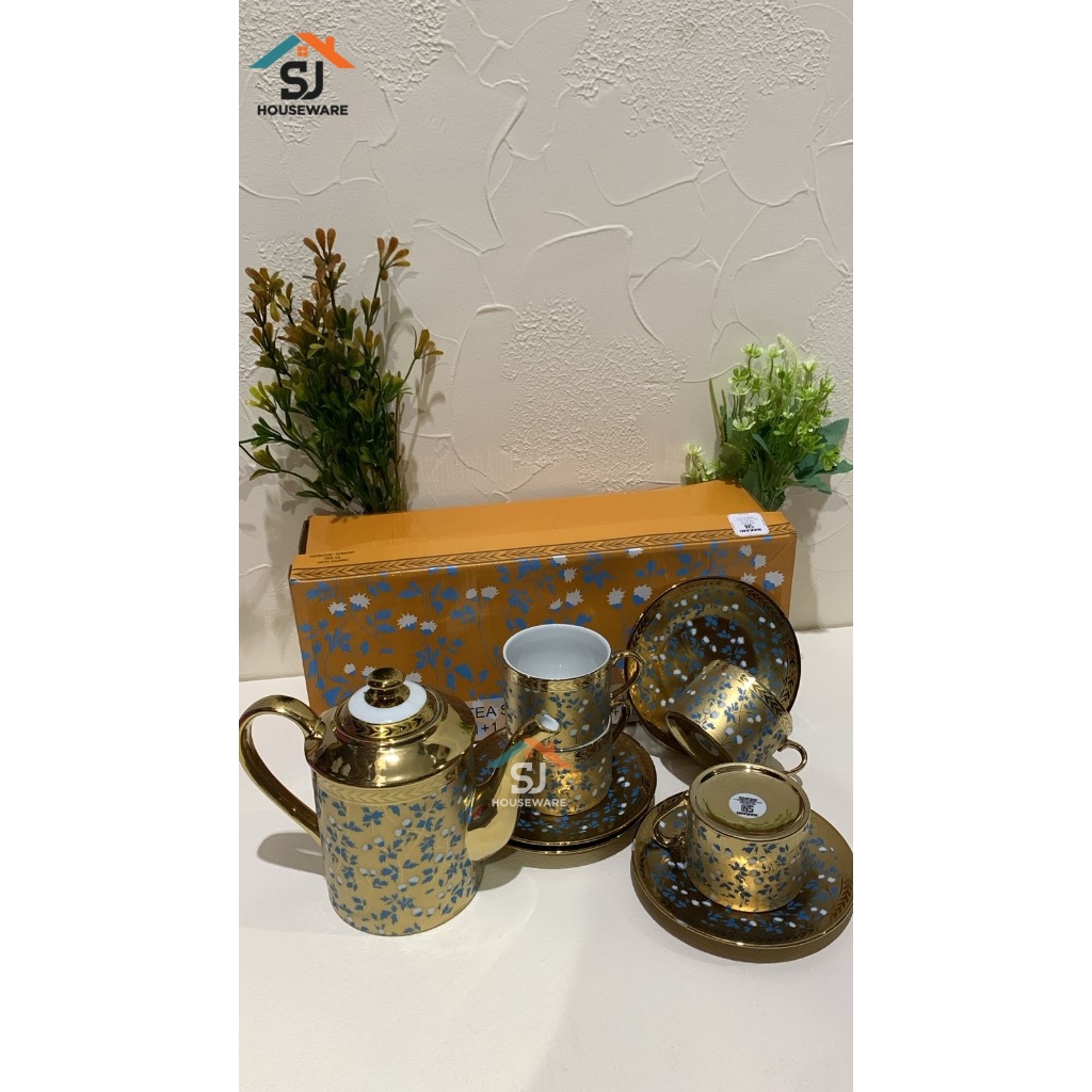 TEA SET NAKAMI (TEKO + 4 CANGKIR + 4 LEPEK) E223-BLUE 200ML BAHAN KERAMIK DESAIN ELEGANT