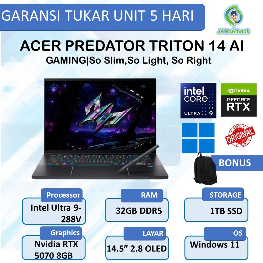 ACER PREDATOR TRITON 14 AI OLED ULTRA 9 288V RTX5070 8GB/ 32GB 1TB W11+OHS 14.5 2.8K 120HZ PKRGB 3Y+