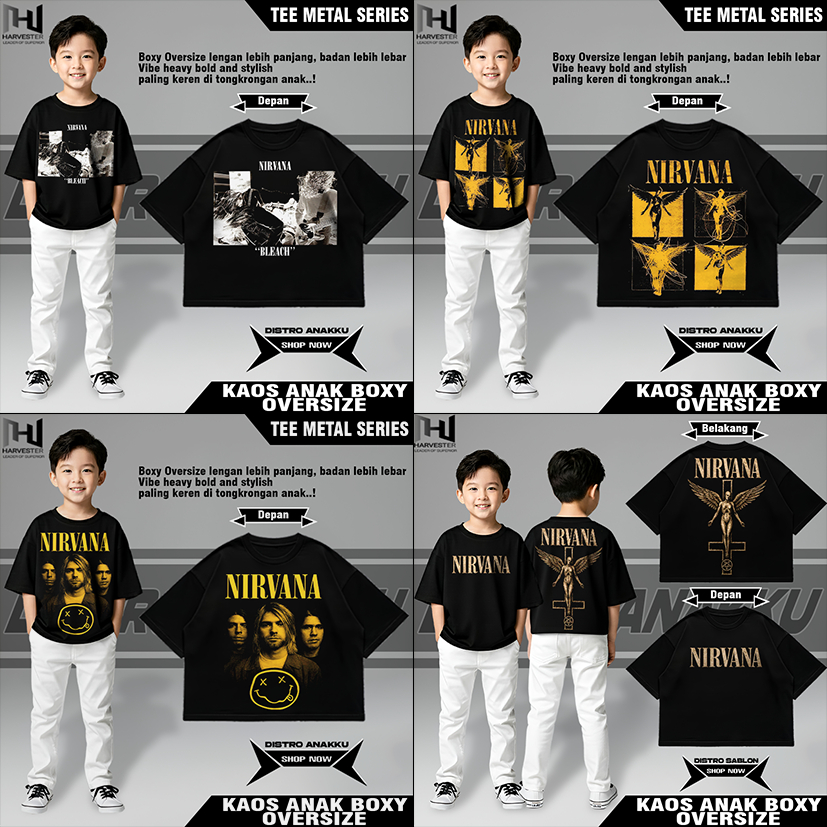 Kaos anak OVERSIZE BOXY motif NIRVANA cotton combed 30s usia 2-12 tahun PREMIUM