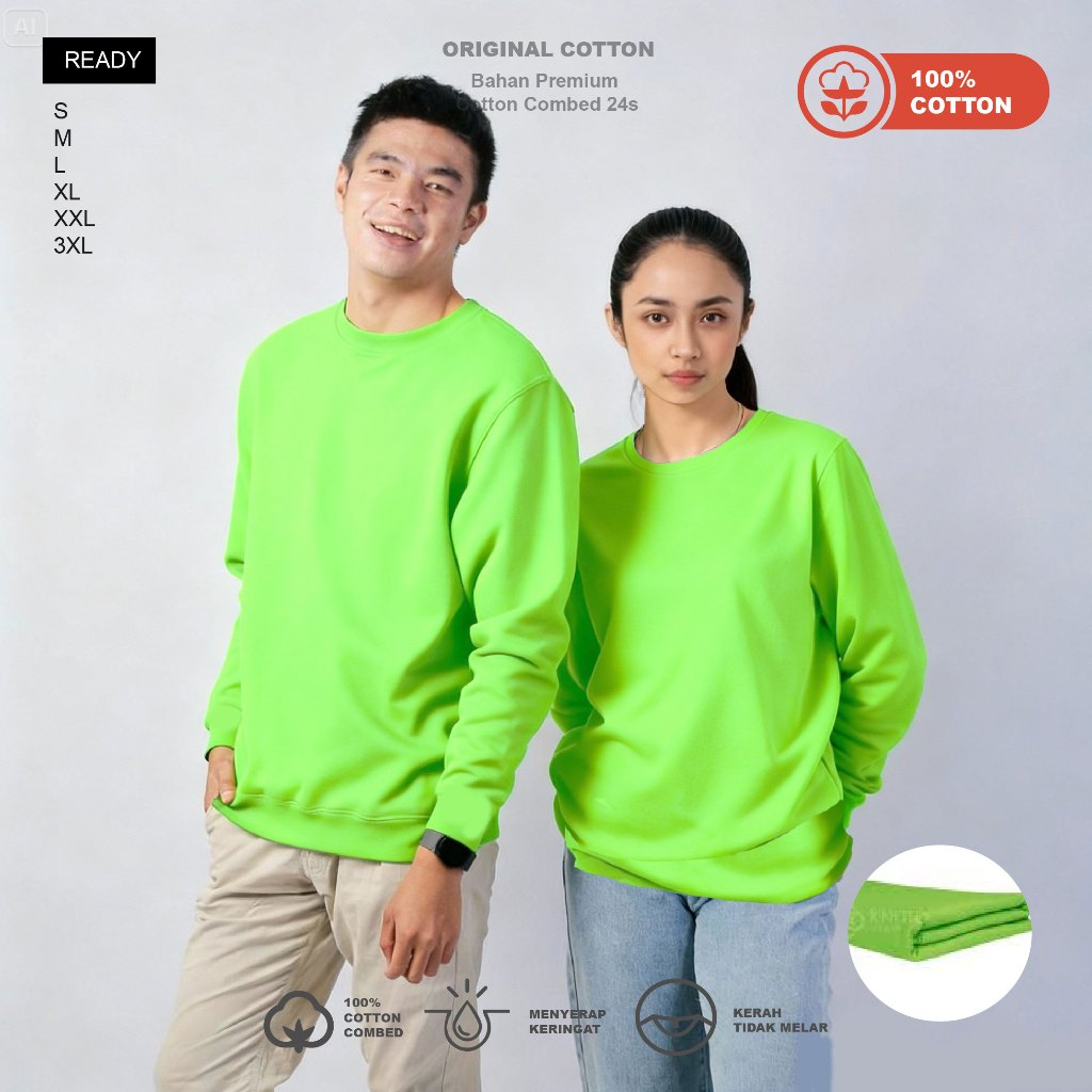 KAOS POLOS LENGAN PANJANG - HIJAU STABILO - KATUN COMBED 24S - UNISEX