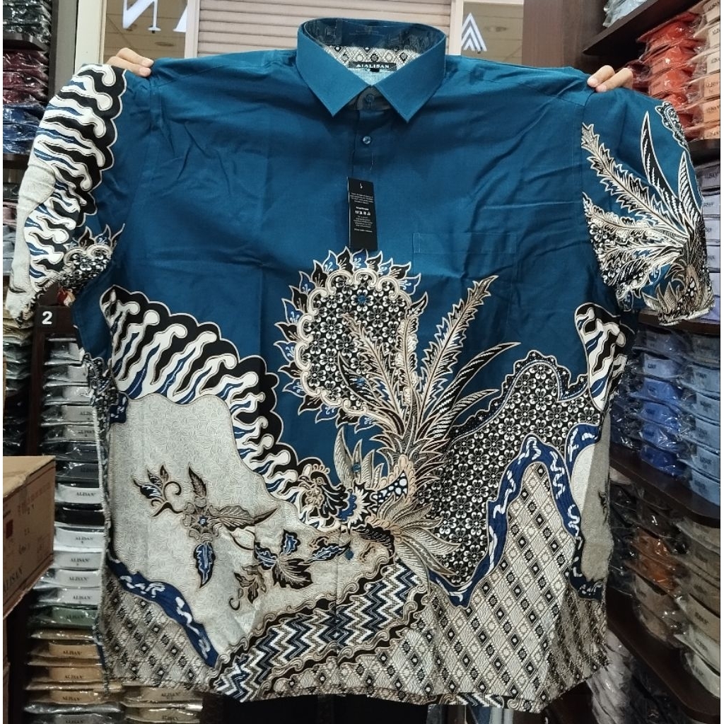 Alisan Kemeja Batik Pria Motif Bunga Cream Size Super Jumbo 19(7XL) 19½(8XL) Lengan Pendek Reguler