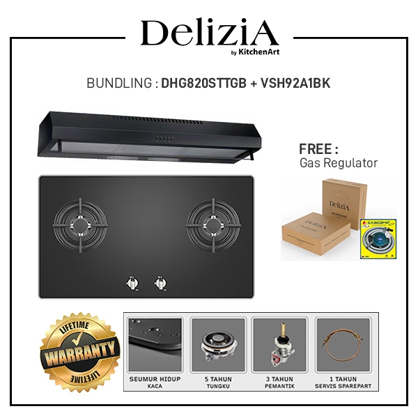 PAKET BUNDLING - DELIZIA Kompor Tanam 2 tungku 80 Cm DHG820STTG(B) + Slim Hood VSH92A1BK + Free Regu