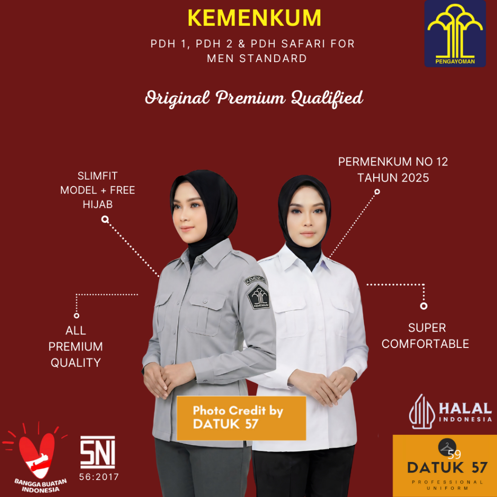 Original Datuk 57 Premium : Seragam Kemeja Baju Atasan PDH 1 PDH 2 PDH Safari Abu-abu & Putih untuk 