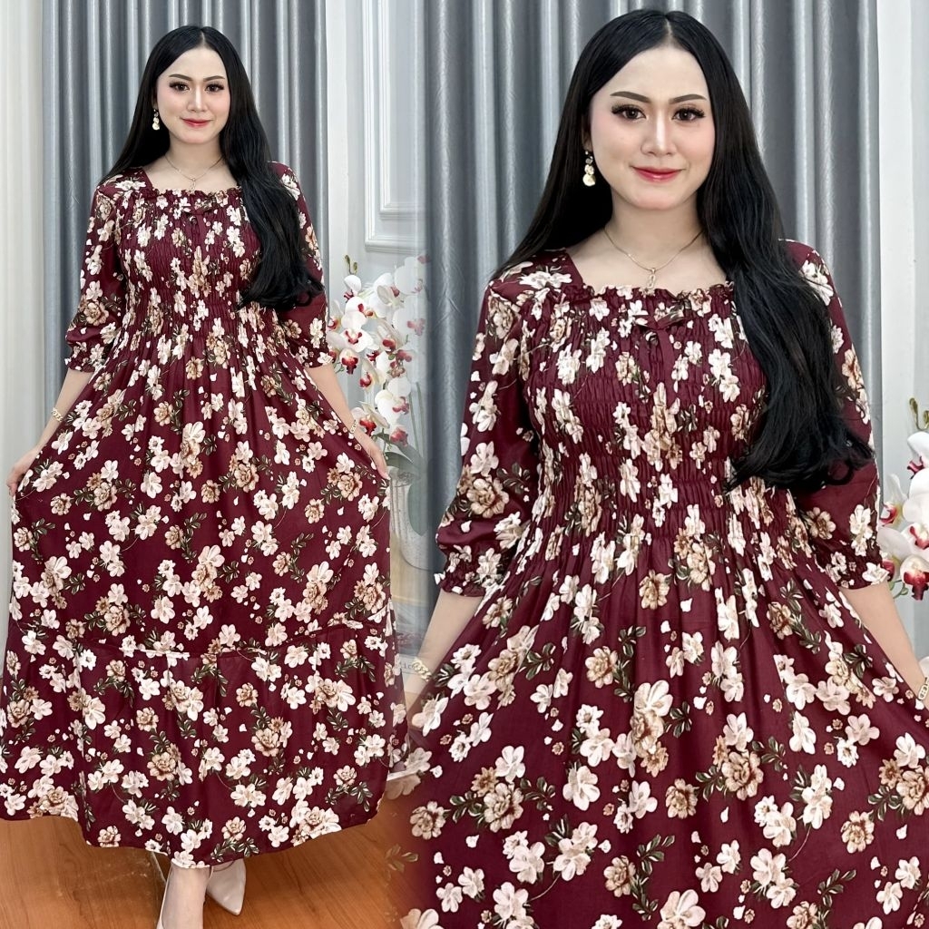DASTER SMOK JUMBO LD 120 MOTIF BUNGA GAMIS RAYON PREMIUM DRESS KERUT DADA / DASTER MODEL TERBARU KEK