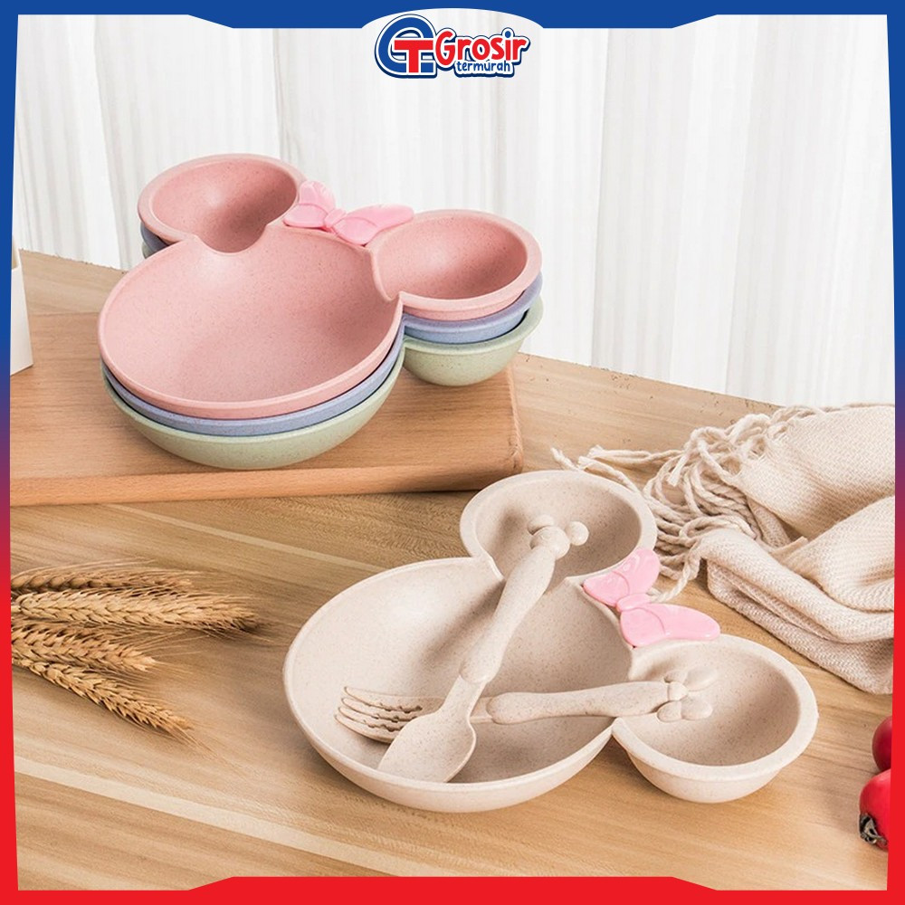 Piring Makan Anak Bahan Jerami Gandum Set Sendok Garpu Karakter Miki / Tempat Makan Anak Set Wheat S