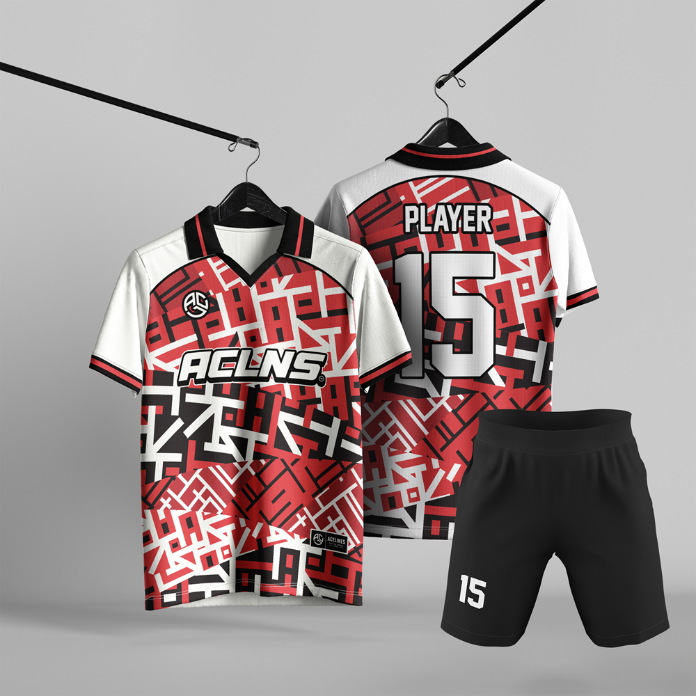 Setelan Jersey Futsal Tim Unisex Putih Motif Abstrak Geometris Merah Hitam Berkerah