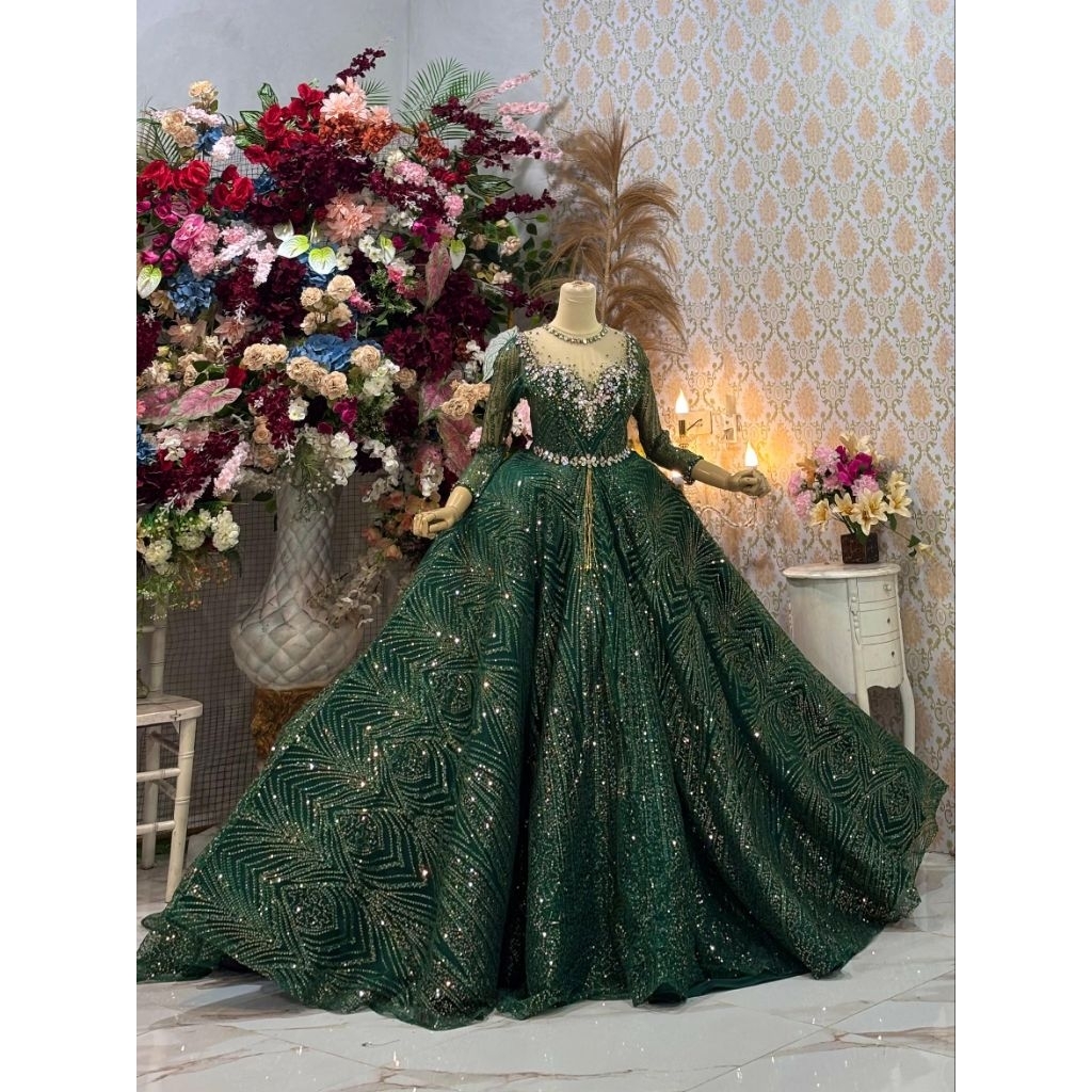 gaun pengantin hijau botol/dress pengantin hijau botol/gaun pengantin murah