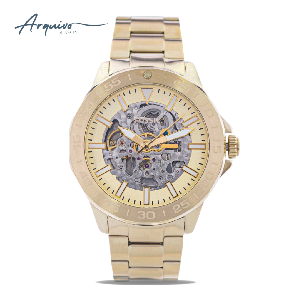 Jam Tangan Pria Fossil Bannon Automatic Gold-Tone Stainless Steel Watch Mewah Sporty Original BQ2680
