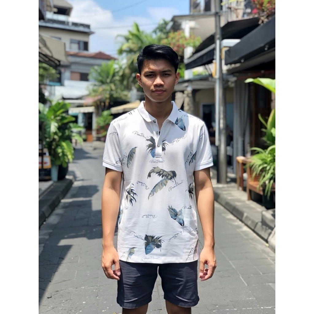 B02 Polo Shirt Pria Motif Tropis Daun Palm Putih Casual Bali Style Premium