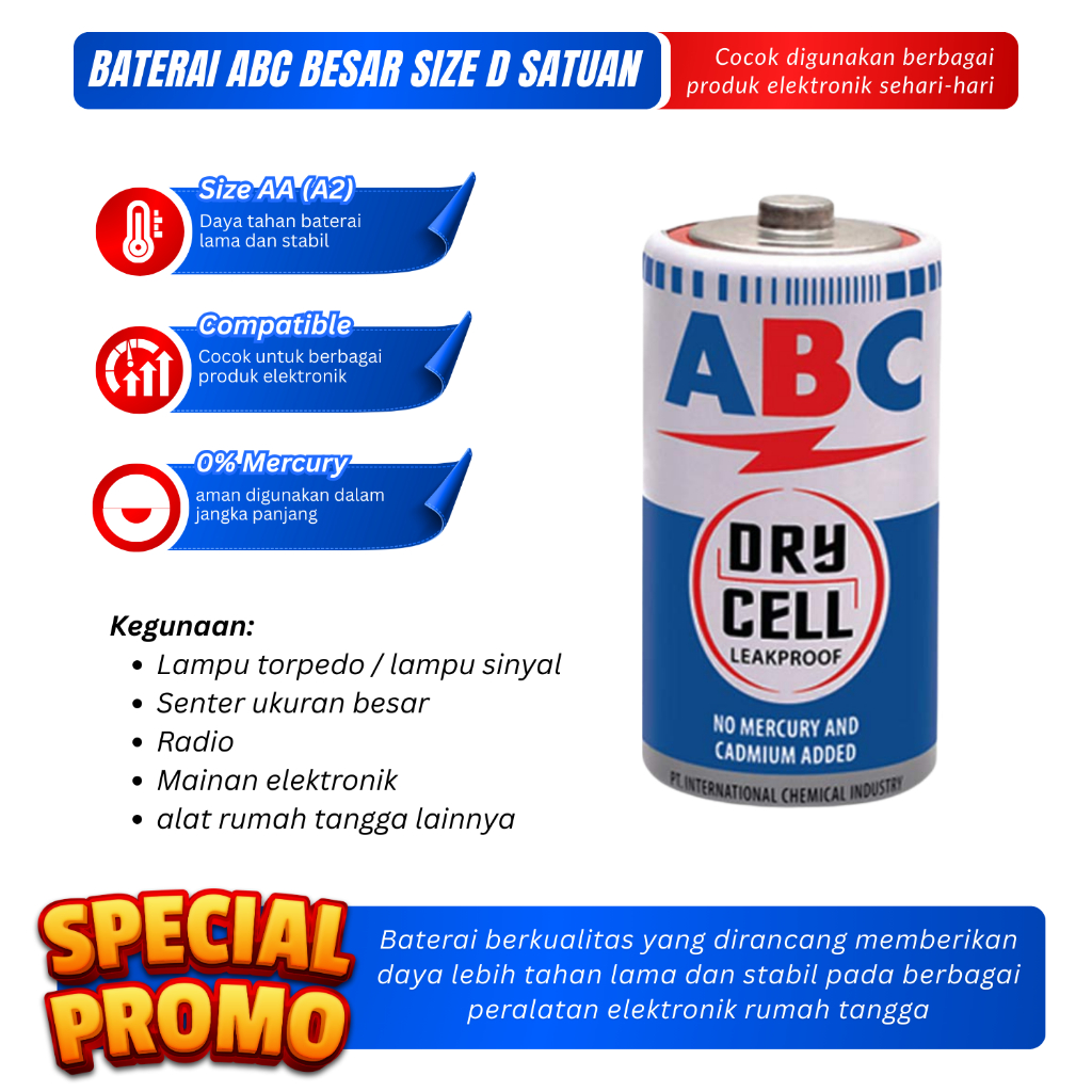 Baterai ABC Besar Size D Batu Baterai Senter Tangan Baterai Mic Batre Mainan Baterai Besar ABC Size 
