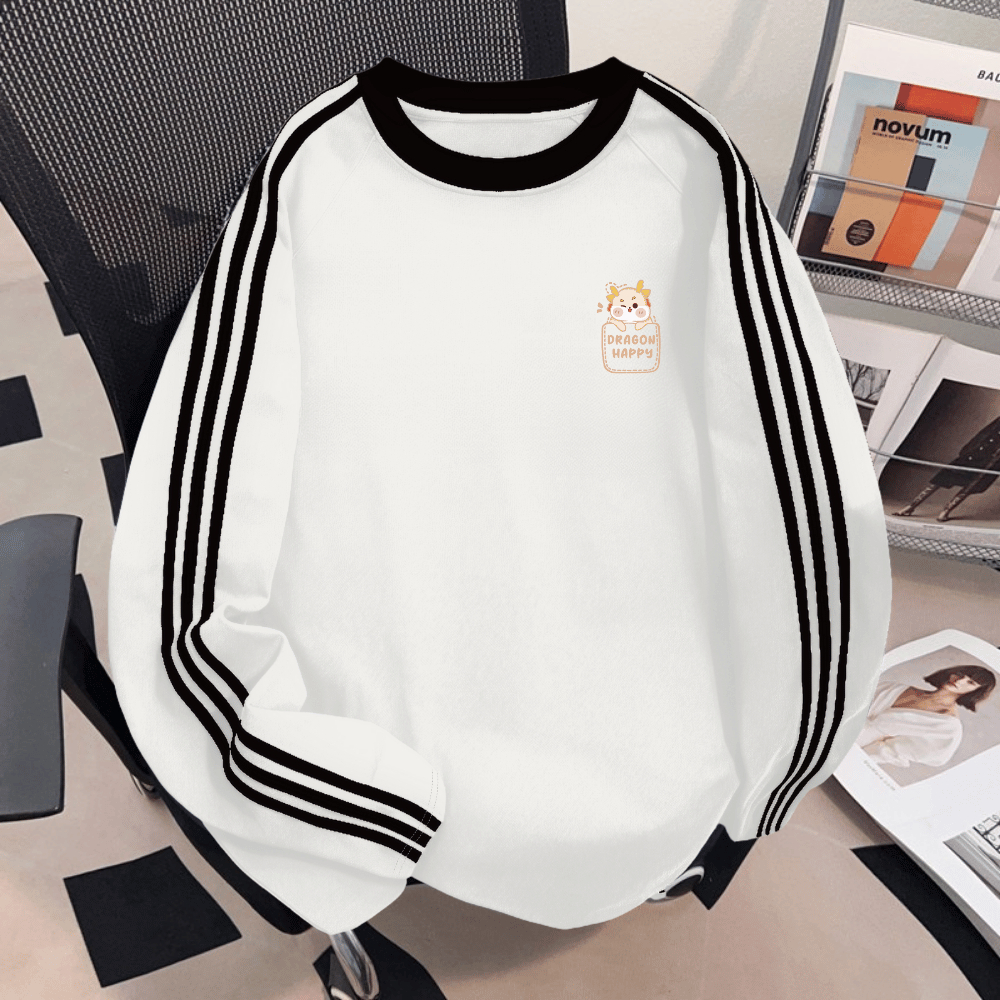 STREET PREMIUM Kaos Lengan Panjang Tiga Garis Korea Premium 100% Katun | Dragon Happy Style Pria Wan