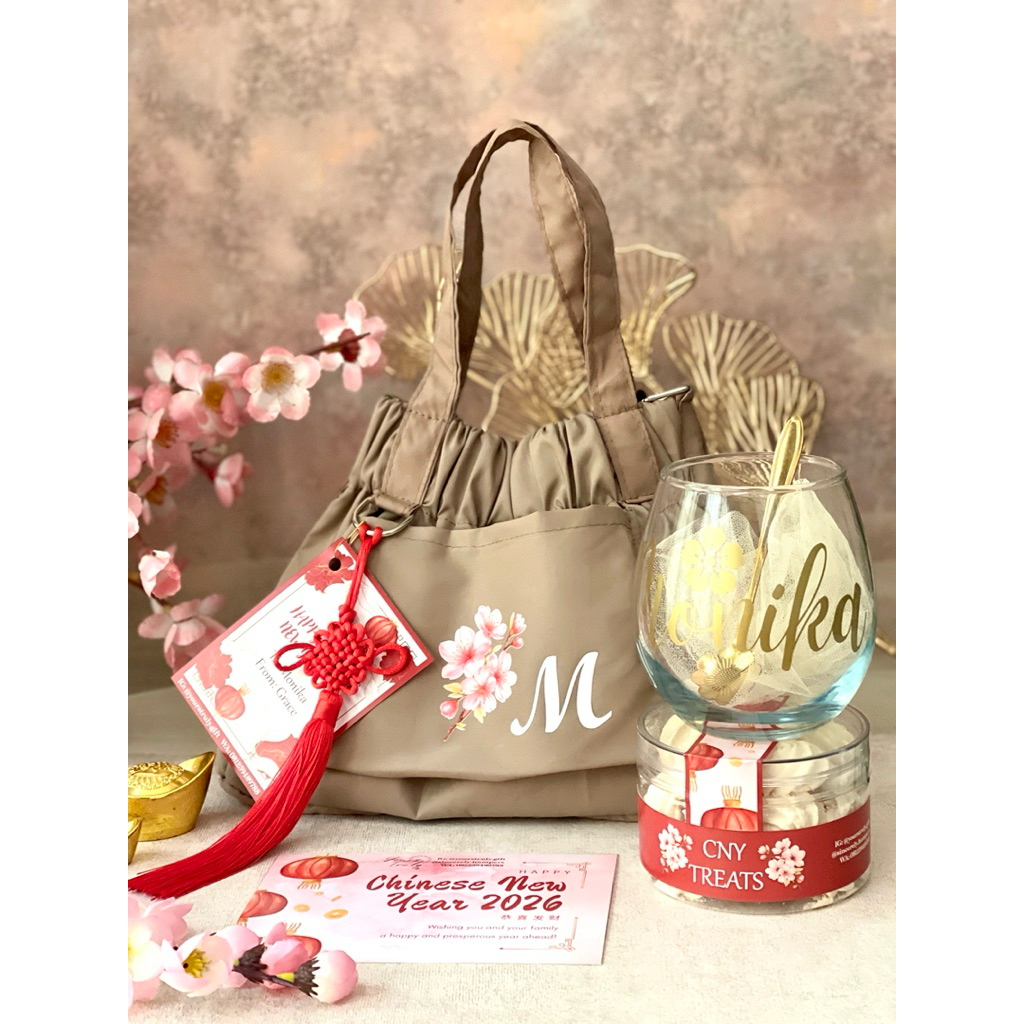 PERSONALIZED HUA DUMPLING BAG & WINE GLASS SET • CNY IMLEK HAMPERS 2026 • CNY Hampers & Gift • Parce