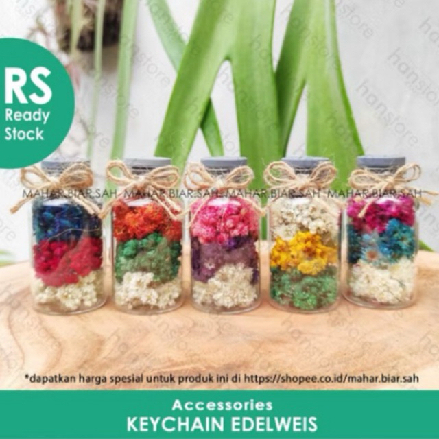 Gantungan Kunci Bunga Kering Edelweis Mix 3 Warna - Tali Goni, Botol Kaca, Souvenir Rustic