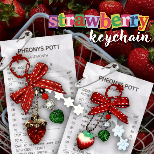 strawberry keychain. strawberry stuff. strawberry bagcharm. strawberry chain.