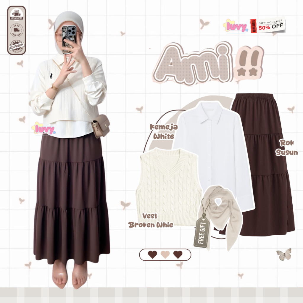Setelan Vest Dan Rok Korean Style ( Hijab + Vest + Kemeja + Rok Susun ) Set Lebaran 2026 - D132