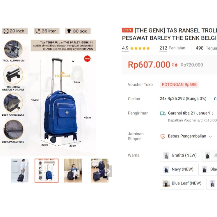 TAS RANSEL TROLI LIPAT KOPER KABIN BAGASI BACKPACK RODA