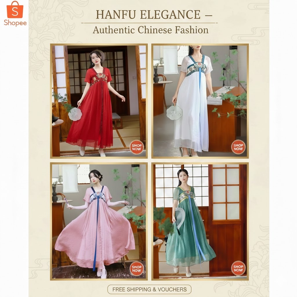 Dress Hanfu Wanita Premium Import | Gaun Tradisional CNY Modern | Flowing Dress Elegan Lengan Pendek