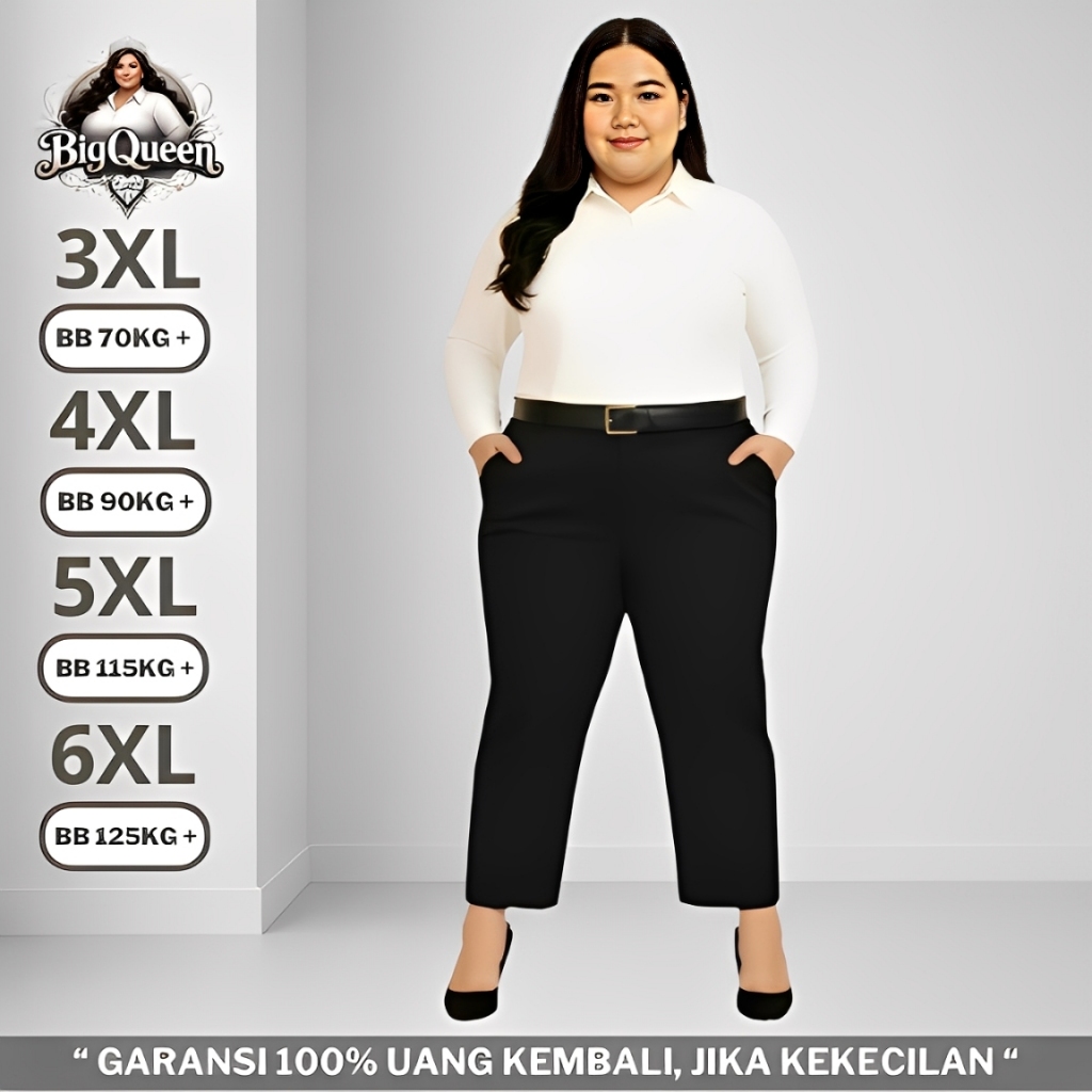 Celana Formal Big Size Katun Wanita Kerja Kantor Pinggang Karet Jumbo Hitam