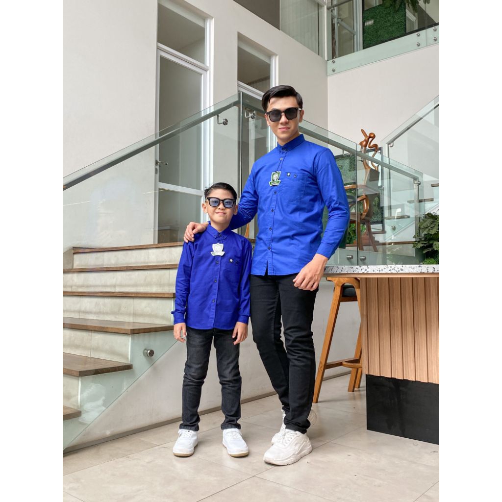 DIWANGSA Kemeja Polos Biru Elektrik / Biru BCA Lengan Panjang Kain Katun Cigaret Dewasa Dan Anak