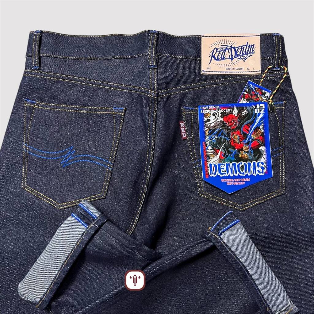 RED DENIM - Denim Sanforized Black Indigo 15Oz Sanforized Raw Denim Accent Selvedge Original