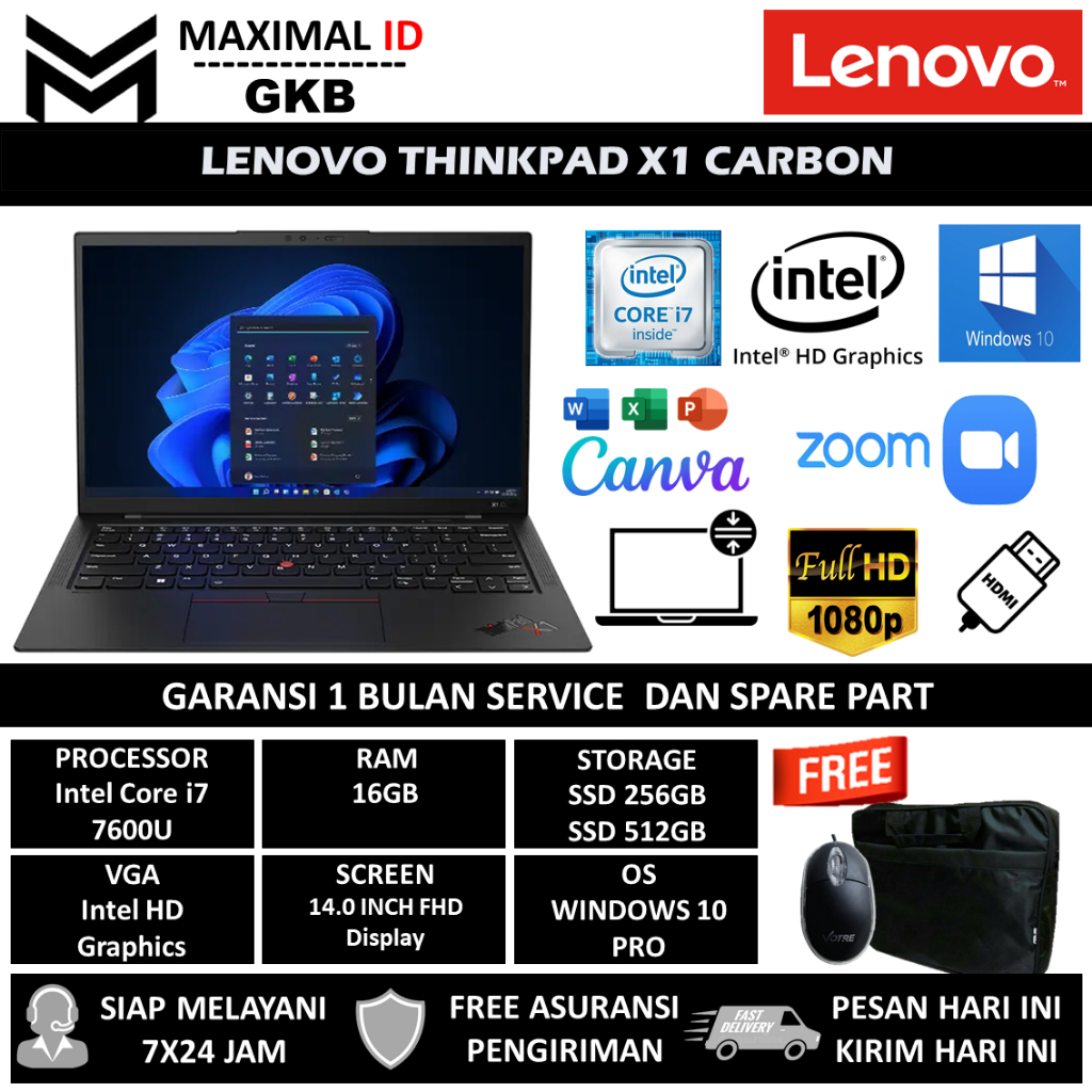 Laptop Lenovo X1 Carbon Intel i7 7600U Ram 16GB 512GB SSD 14 FHD Windows 11 Pro