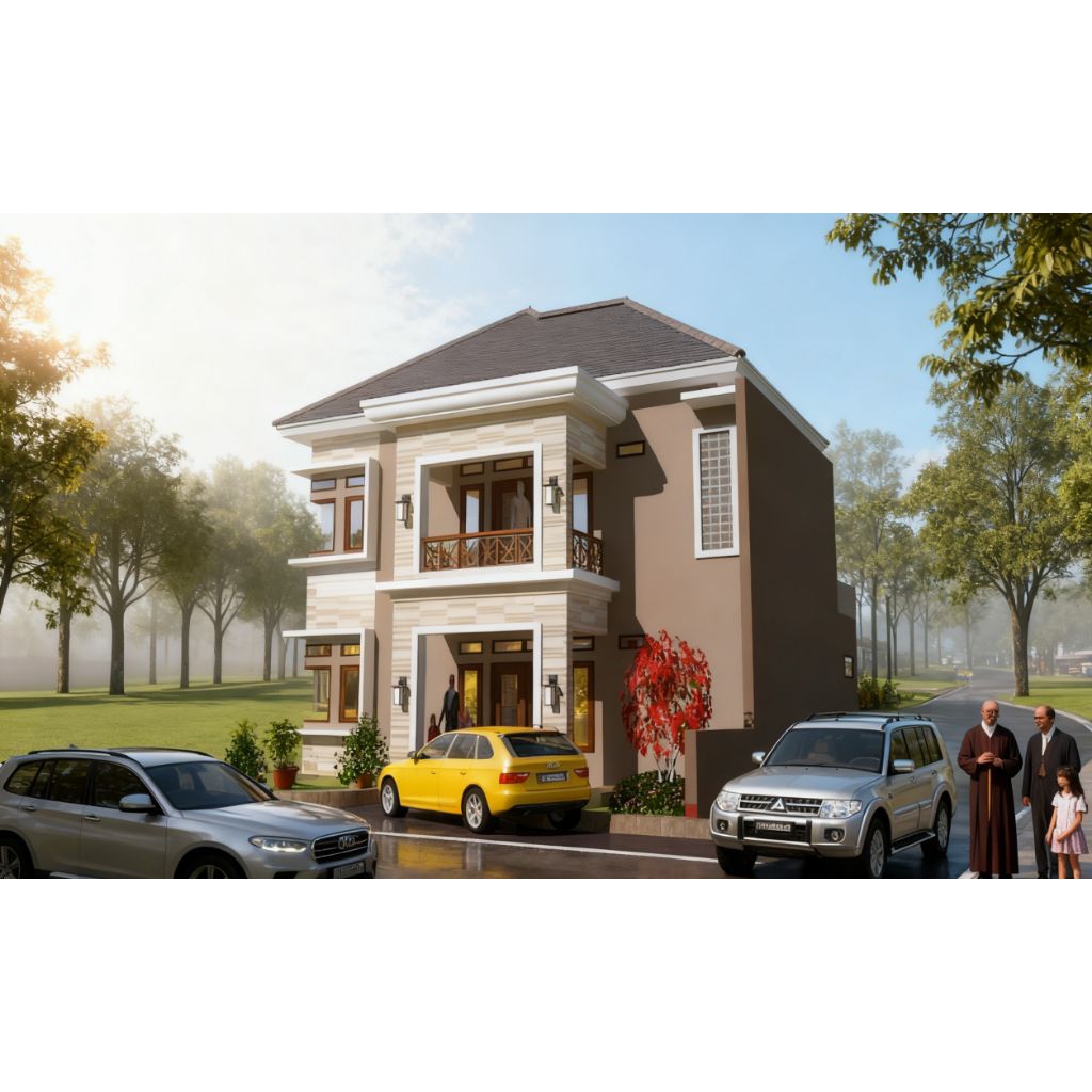 Desain rumah 2 lantai, 7,5 x 9,5, 2 kamar tidur. Paket desain rumah siap bangun.