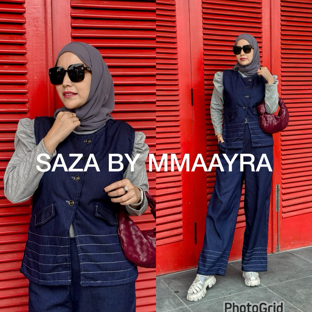 Mmaayra - SAZA BY MMAAYRA - Oneset celana dan rompi 3 in 1 bahan jeans terbaru baju wanita casual el